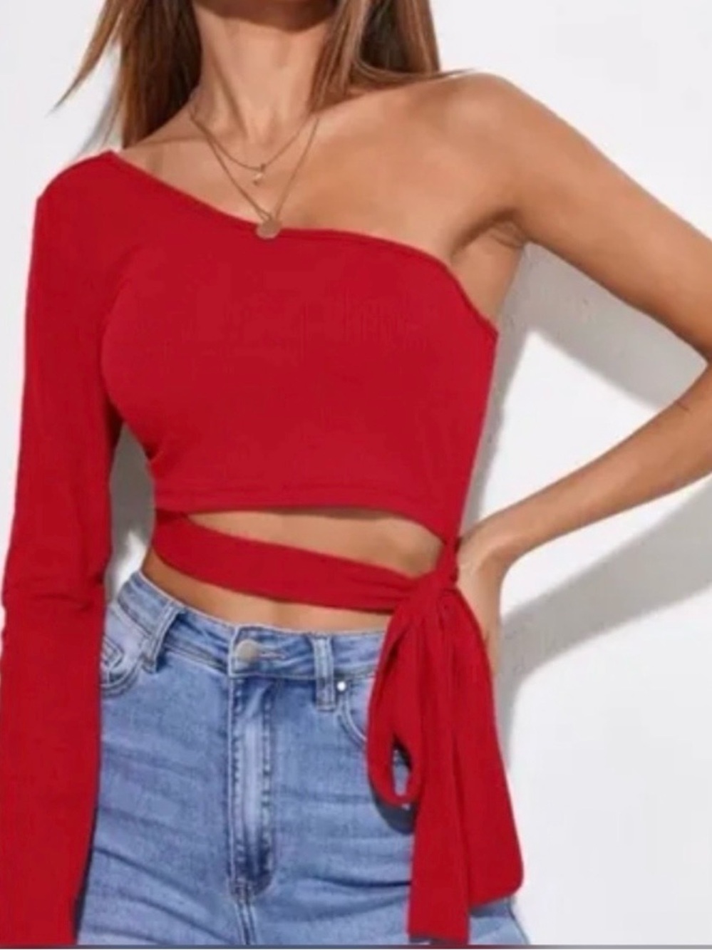 Garage Red One-Shoulder Wrap Crop Top
